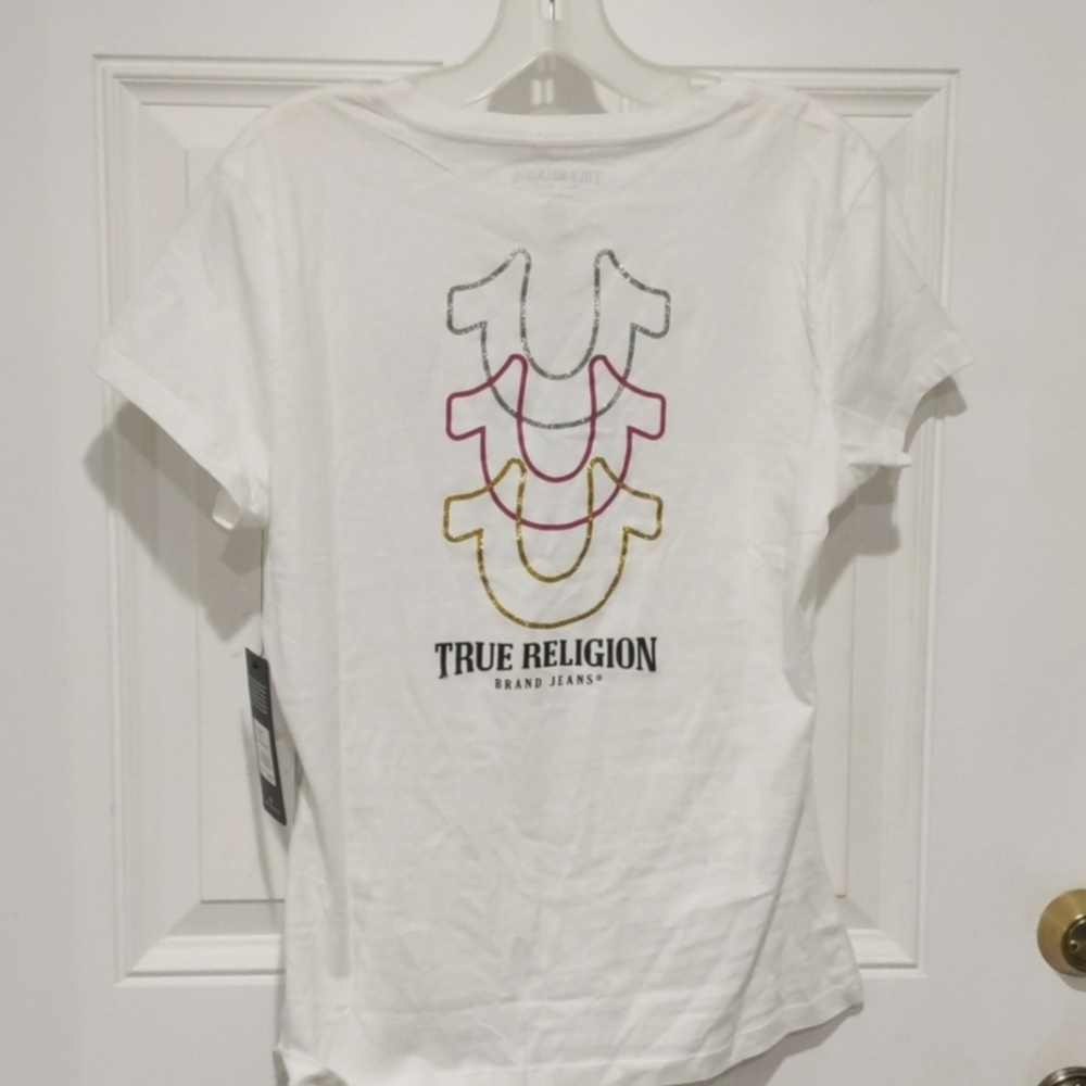 True Religion Women's White Tee with Multicolor Logo